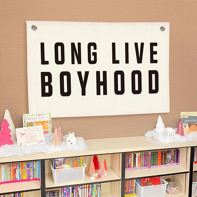 Lacama Long Live Boyhood Banner, Neutral Canvas Wall Hanging Banner Flag for Nursery Playroom, Toddler Room, Boys Kids Room Decor 30x20 Inch