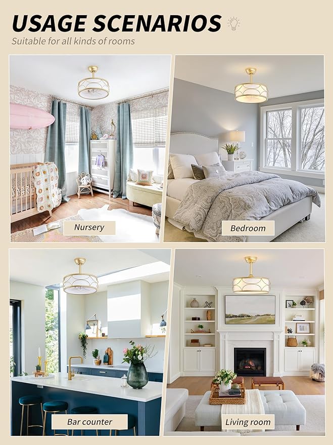 18" Gold Fandelier Ceiling Fan with Light, Fabric Boho Chandelier Ceiling Fans with Lights Remote Control, Mid-Century Modern Caged with 6 Speeds for Bedroom, Nursery (FS-BG02)