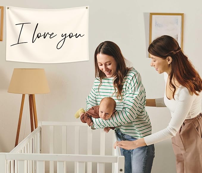 I love You Rectangular Canvas Banner-Boho Flag Wall Decor for Boy Girl Kids Friends,Nursery Babyroom Above Crib Bedroom Living Room Office-Baby Growth Stuff-Baby Shower Birthday Christmas Gift