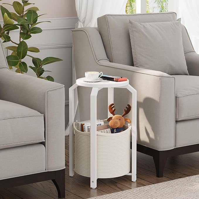 TUTOTAK Small Side Table, Round End Table, Night Stand, Bedside Table, Set of 2, Sofa Table with Storage Basket, Living Room, Bed Room, White TB01BW0922
