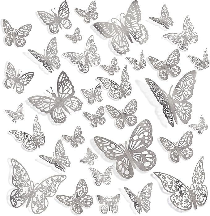144 Pcs 3D Butterfly Wall Stickers Decor 6 Styles 3 Sizes, Silver Removable Butterfly Decals Room Wall Decor for Kids Nursery Classroom, Wedding, Party, Baby Shower