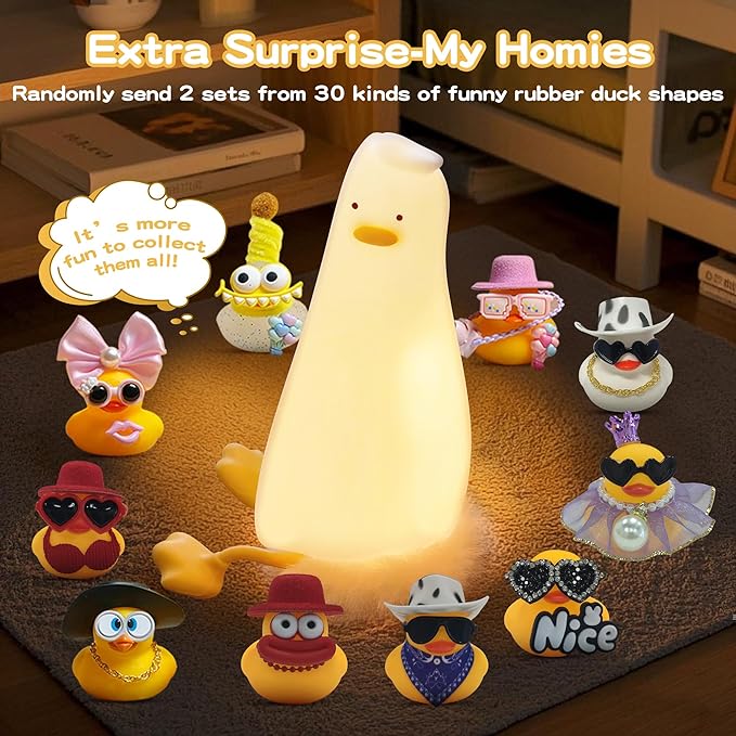 Cute Duck Night Light with Color Changing, APP/Tap Fun Lying Flat Duck Lamp with Rubber Duck Gift,Soft Silicone Nursery Nightlight,Dimmable/Timing Bedside Lamp,White Elephant Xmas Gifts for Baby Kids