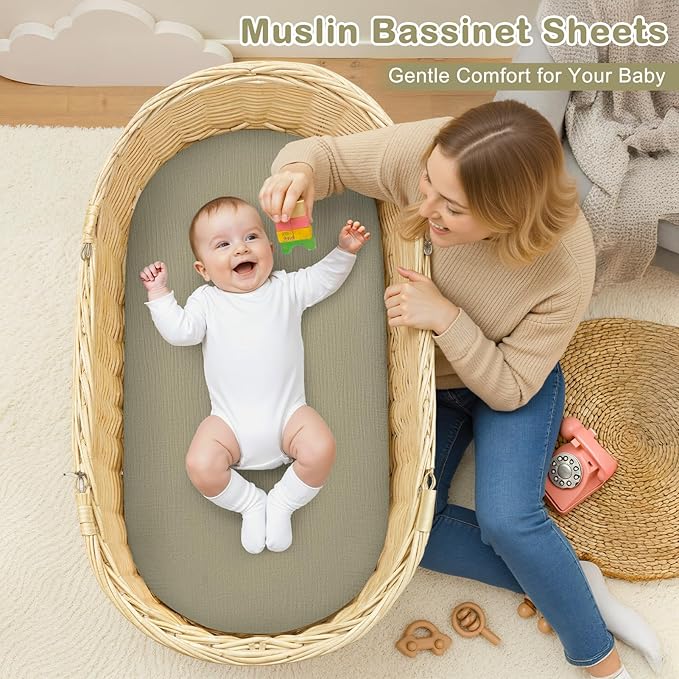 Basumee Muslin Bassinet Sheets for Baby Girl Boy 2 Pack Soft Breathable Baby Bedside Bassinet Fitted Sheets with Bottom Elastic Band 33''x17''x4'' Mattress Cover for Rectangle Oval Hourglass Bassinets