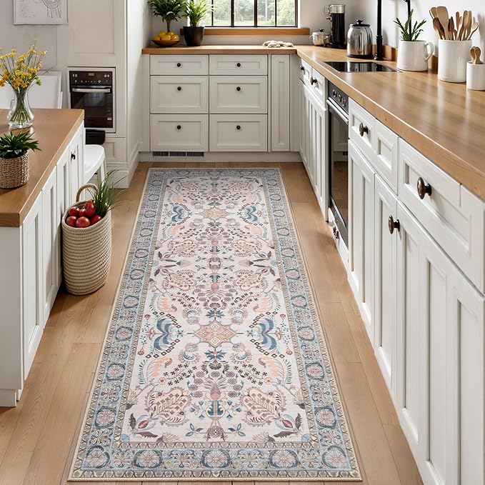 Tangsoo 2x6 Washable Runner Rug for Hallways,Non Slip Vintage Persian Floral Rug Runner, Soft Low Pile Neutral Floor Carpet Runners for Kitchen Bedroom Entryway Living Room Bedside Laundry Home Decor
