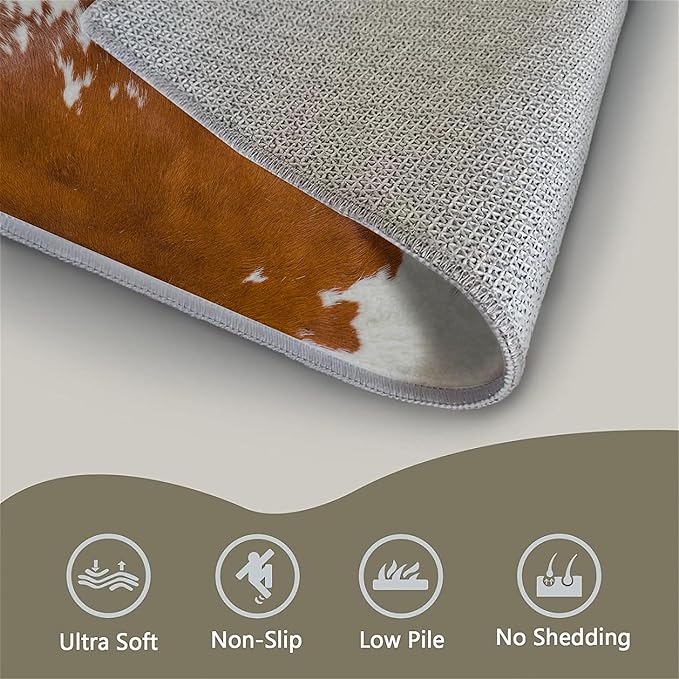 Runner Rug 2x4ft Cowhide Print White Soft Non-Slip Washable Floor Mats Wildlife Rug Hunter Lover Decorations Brown Carpet for Living Room Dining Room Hallway Entrance Rugs