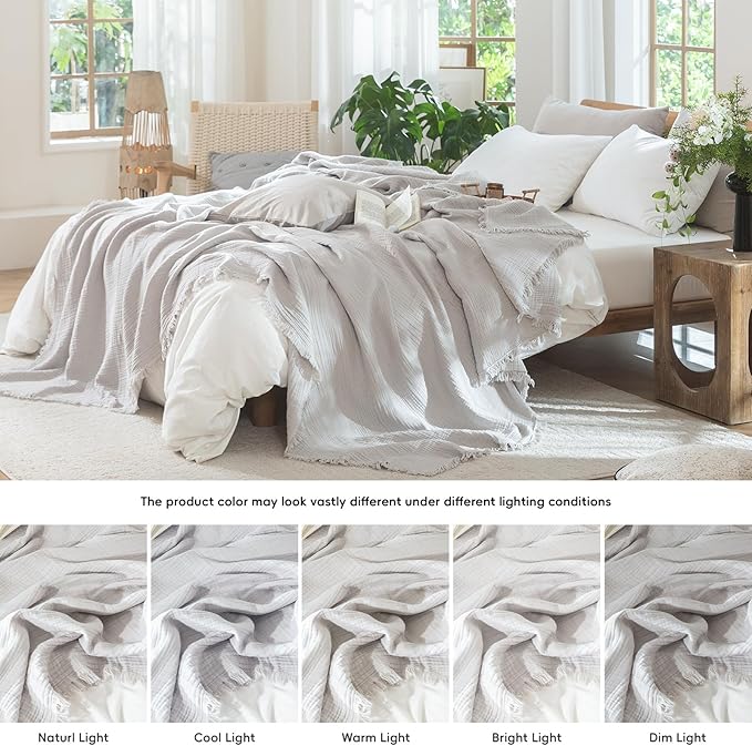 MooMee Muslin Blanket - 100% Cotton 4-Layer Gauze Throw Blanket with Tassels Ultra-Soft Breathable Lightweight Cooling for Bed Couch (Light Grey,Oversized Queen 98" x 98")