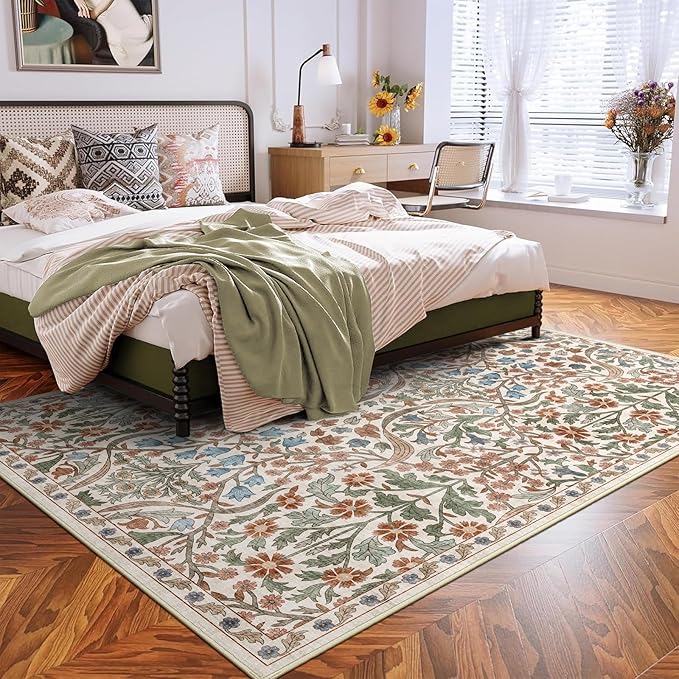 5x7 Washable Area Rug for Living Room, Floral Non-Slip Non-Shedding & Easy Care, Soft Low Pile Forest Boho Indoor Floor Carpet for Living Room, Bedroom, Farmhouse, Dining Room, Kids Playroom, Beige