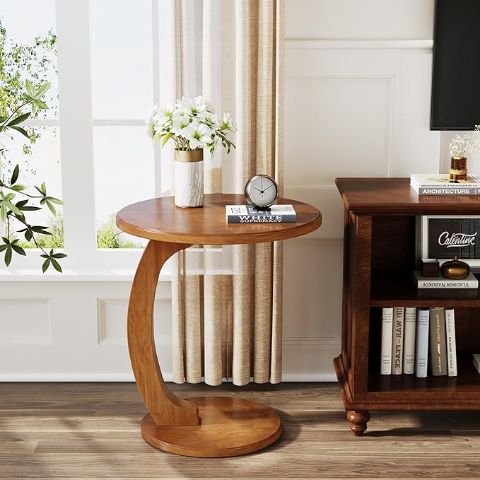Tribesigns Small Round End Table for Living Room, C-Shaped Sofa Side Table for Couch, Retro Boho Bedside Nightstand, Brown