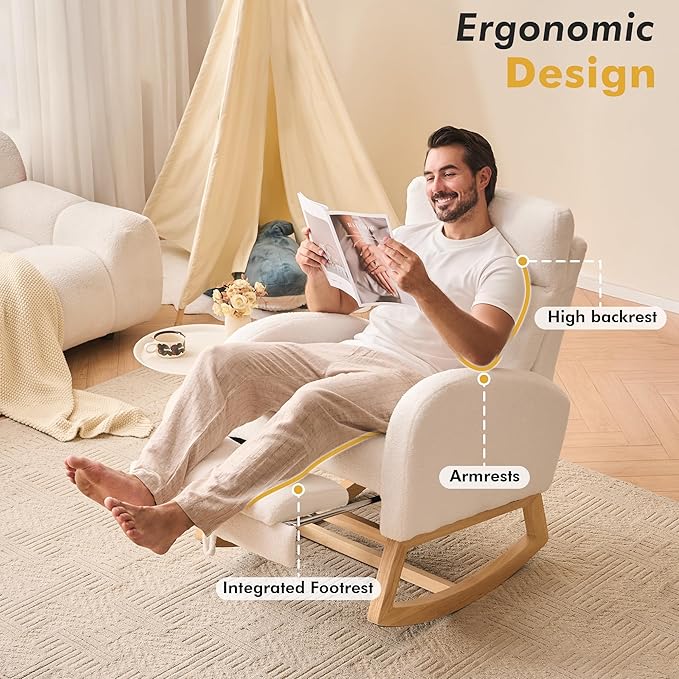 FOXHUNTER Rocking Chair for Nursery with High Backrest & Foot Rest-Nursery Rocking Chairs with Side Storage Pocket for Breastfeeding,Modern Glider Chair for Baby Bedroom,Living Room,Teddy White