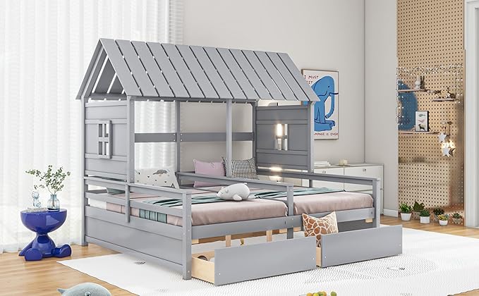 Harper & Bright Designs Twin Size House Platform Beds with Two Drawers for Boy and Girl Shared Beds, Combination of 2 Side by Side Twin Size Beds, Gray