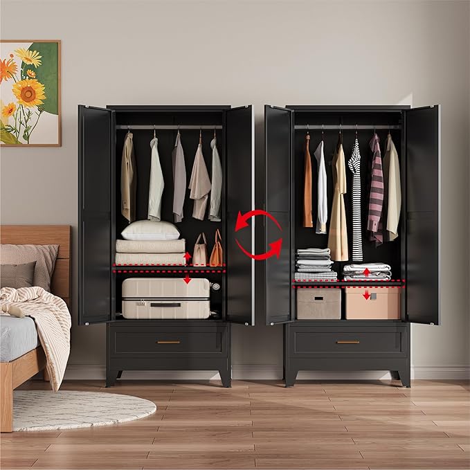 Metal Wardrobe Closet Cabinet with Drawers,71" H Large Bedroom Armoires with Shelves and Hanging Rod,Wardrobe Storage Cabinet with 2 Doors, 1 Adjustable Shelf and Drawers (1Drawer, Black)