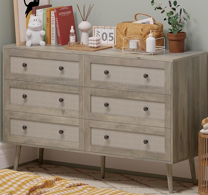 6 Drawer Dresser for Bedroom, 47.3" Rattan Chest of Drawers with Wooden Knobs, Natural Wood Dresser for Closet TV Stand Storage Organizer for Bedroom, Hallway, Office, Grey
