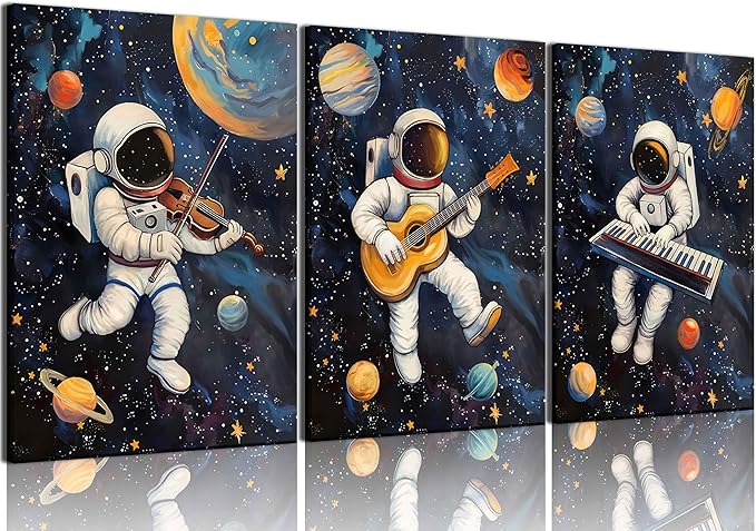 3Pcs Space Astronaut Musiic Canvas Wall Art Cute Astronaut Musician Decor Pictures Funny Piano Guitar Violin Posters Prints for Boys Room Girls Room Kids Room Nursery Decoration