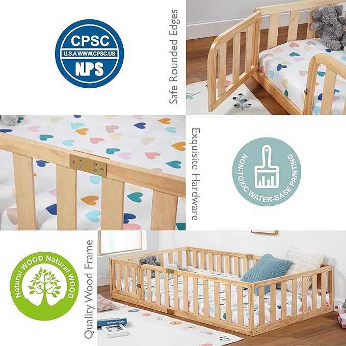 Spirich Twin Size Kids Floor Bed Frame with Fence and Door, Solid Wood Montessori Floor Bed for Kids with Safety Guardrails, Twin Bed Frame for Boys and Girls, Natural