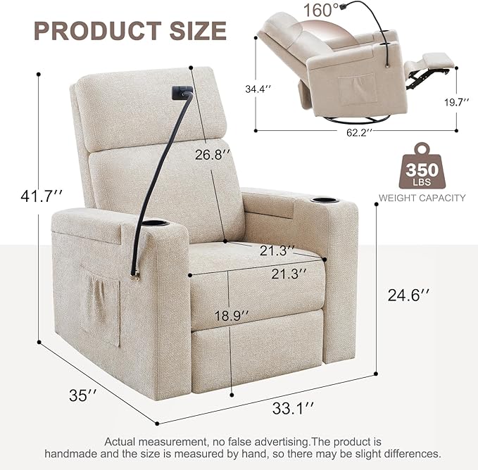 ABCASA Power Recliner Rocking Chair Nursery Glider, Swivel Reclining Nursery Rockers for Baby Room & Living Room, Chenille Chair with Phone Holder, USB/Type-C Ports, Arm Storage, Light Brown