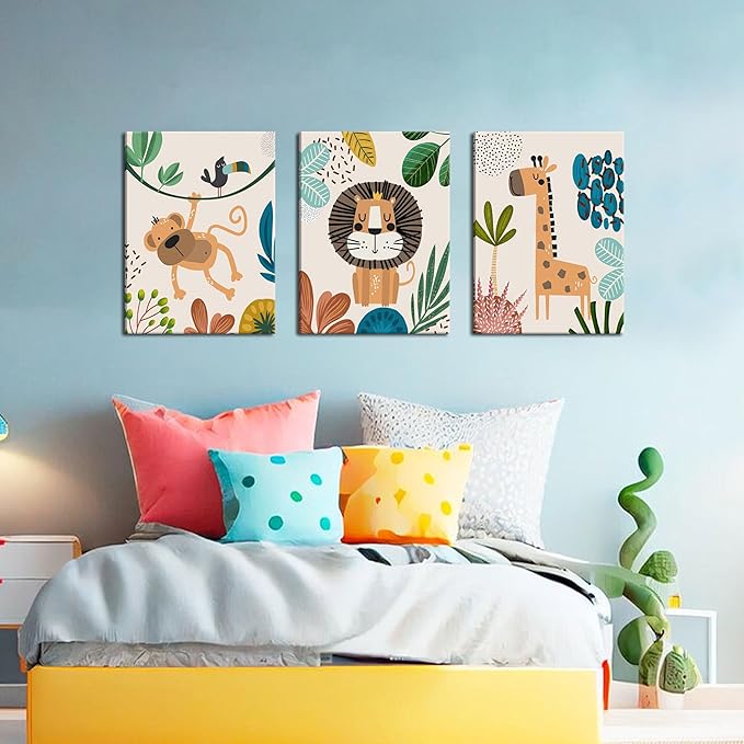 AKWISH Safari Jungle Nursery Wall Decor Set of 3 - Framed Animal Canvas Wall Art for Baby Room, Toddler Boy or Girl Bedroom, Cute Safari Themed Baby Nursery Decor 16x24in