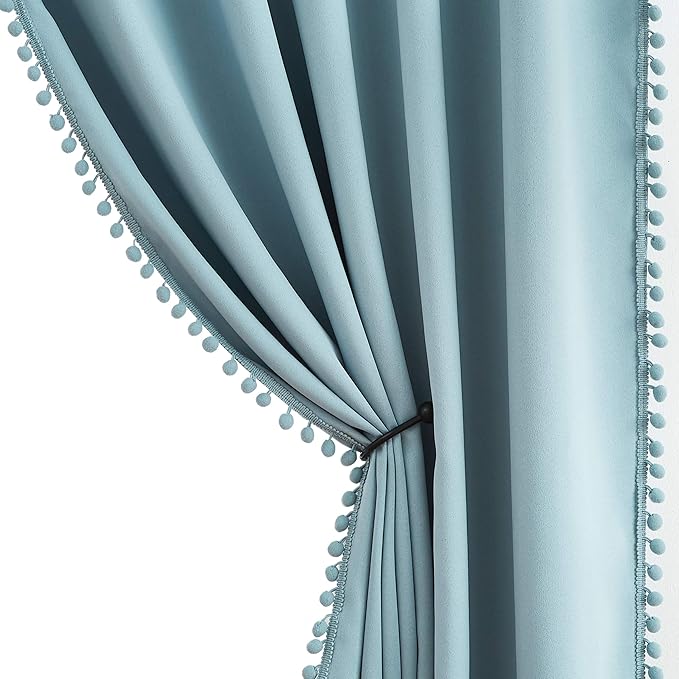 Treatmentex Blue Pompom Curtains for Bedroom Living Room 95 inch Triple Weave Half Blackout Window Curtains for Hotel Men's Guest Room Drapes 52" w x2 Panels Rod Pocket