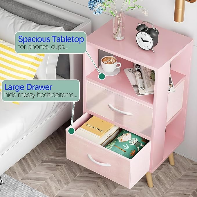 Night Stand, Pink Kids Nightstand with 2 Fabric Drawers, Nursery Side Table with Open Storage, 3-Tier Modern End Table, Bedside Table for Small Space, Living Room, Bedroom