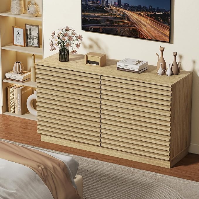 EAG 6 Drawer Dresser for Bedroom, 47" Fluted Storage Cabinet with Drawers, Handleless Design, Modern Wide Dresser TV Stand for Bedroom, Living Room, Hallway, Natural Oak