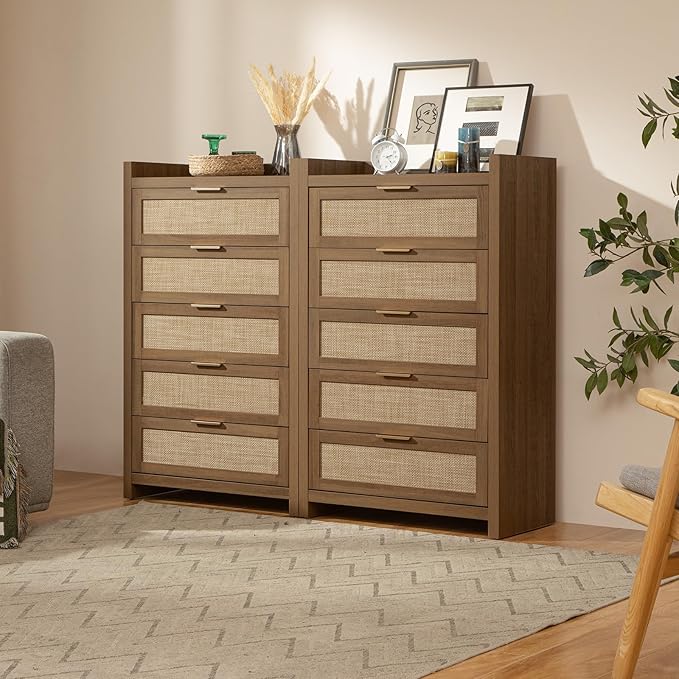 SICOTAS Dresser for Bedroom Chest of Drawers 46" Tall Dresser for Closet with 5 Rattan Drawers Boho Night Stand Large Clothes Storage Cabinet for Living Room Hallway Nursery Entryway