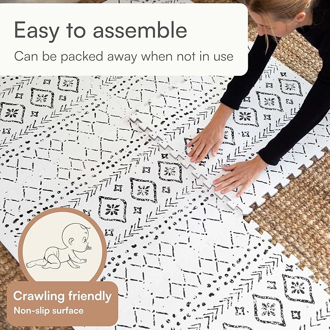 Lillefolk Baby Play Mat for Floor – 6x8ft Boho | Soft Non Toxic Premium EVA Foam Tiles for Tummy Time, Crawling & Playroom – Waterproof Interlocking Floor Mat for Babies & Toddlers (12 Tiles)