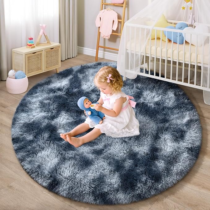 EVOIONOS Tie-Dyed Blue Grey Round Rug for Bedroom, 4x4 Ft Fluffy Soft Circle Area Rugs for Living Room, Plush Shaggy Circular Carpet for Indoor Floor Bedside Kids Nursery, Home Decor Aesthetic