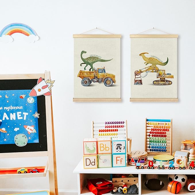 BCUANGD Dinosaur and Construction Truck Wall Decor - Dinosaur Dino Poster Hanger with Wood Frames Set of 2, Baby Car Vehicles Wall Hanging Canvas Decor for Kids Room Nursery Playroom, 12x16 Inches