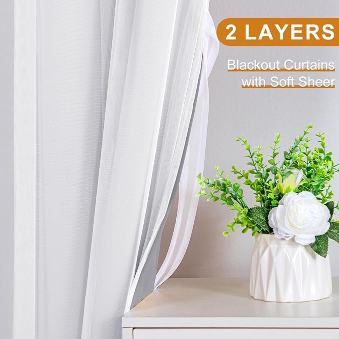 DWCN Blackout Curtains with Sheer Overlay Layered Curtains for Bedroom/Living/Dining Room Grommet Top Window Curtain Panels with Tiebacks, 52 W by 63 L, Grey, 2 Pieces