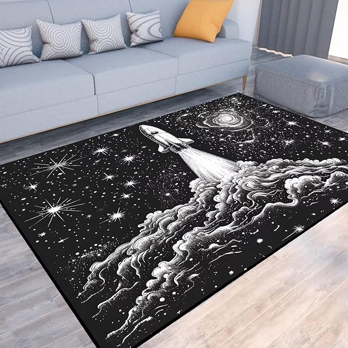 Stars Rug for Boys Room Black Space Rocket Rugs Galaxy Carpet Planet Printed Throw Rugs for Kids Teens Doormat Bedroom Living Room,31 in X 47 in