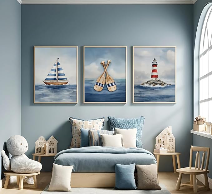 SEINEMBSC Blue Nautical Nursery Wall Art Vintage Sailboat Lighthouse Pictures Wall Decor Boy Coastal Posters Navy Sea Ocean Canvas Print Artwork for Kids Boys Room Playroom Bedroom Decor, Unframed