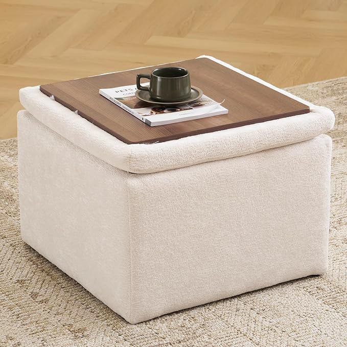 Cube Storage Ottoman, Chenille Ottoman Foot Stools, Ottoman Footstool with Removable Lid, Storage Ottoman for Chair, Multi-Functional Footrest, White