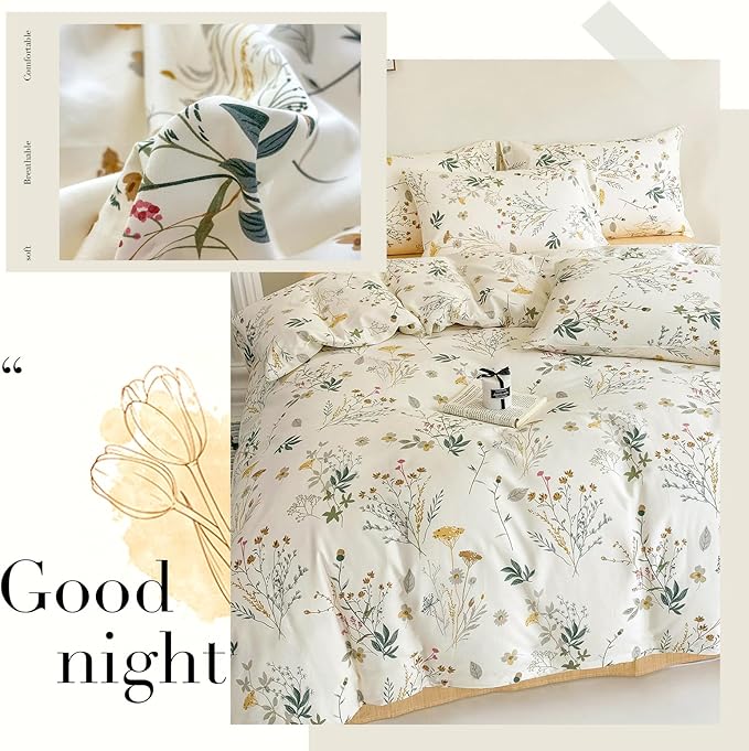 HighBuy Floral Duvet Cover Queen Boho Cozy Cotton Aesthetic Coquette Bedding Set Queen Yellow Flower Botanical French Style Comforter Cover with Zipper Soft Lightweight Duvet Cover Set for Queen Bed