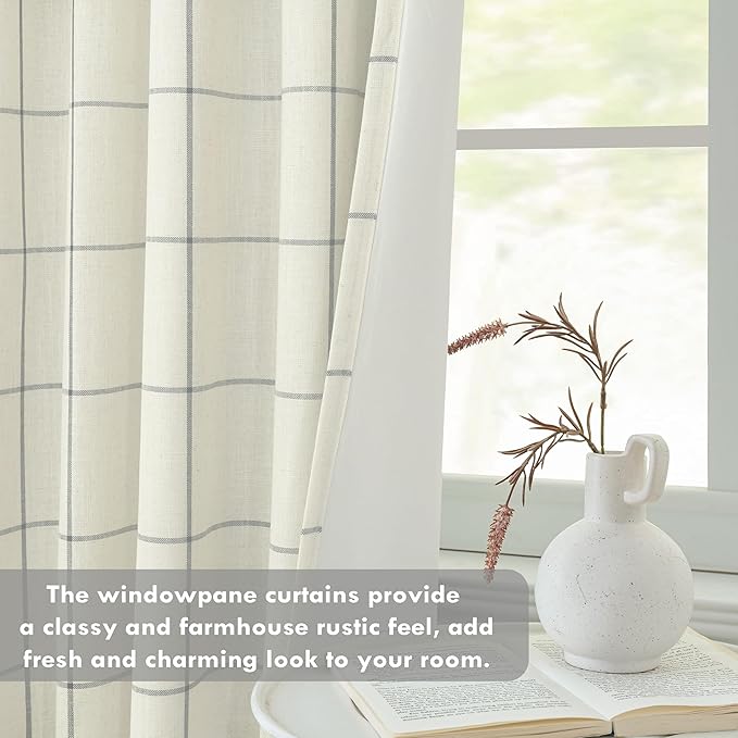DriftAway 2 Panels 100% Blackout Windowpane Plaid Linen Curtains Double Layer Drapes for Bedroom 84 Inches Long Farmhouse Thermal Insulated 3.25 Inch Rod Pocket Back Tab for Living Room Gray
