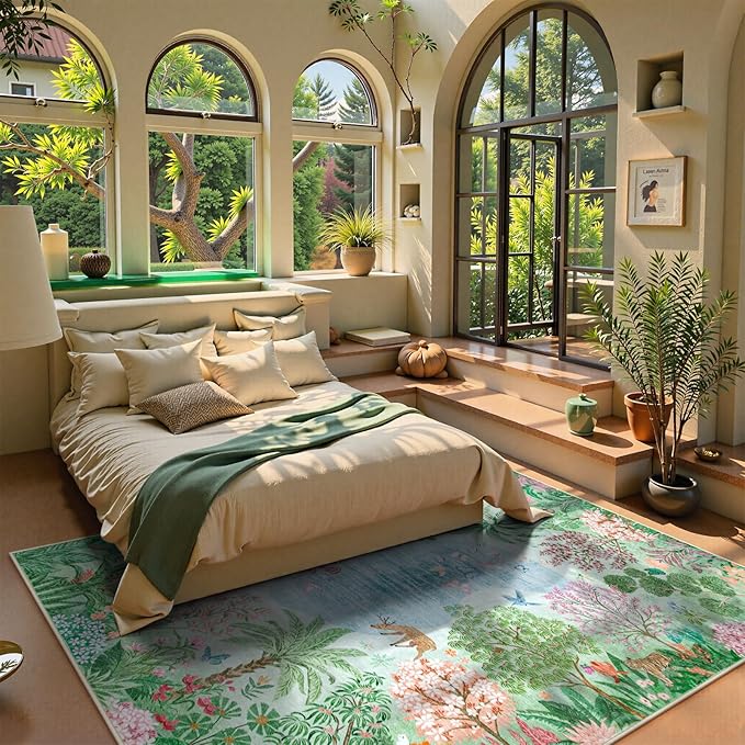Lahome Spring Jungle Carpet, Green Bedroom Rug 8x10 Under Bed, Large Washable Rugs 8x10 for Living Room, Spring Botanical Non Slip Non Shedding Kids Playroom Floor Carpet for Office Dining Room Decor