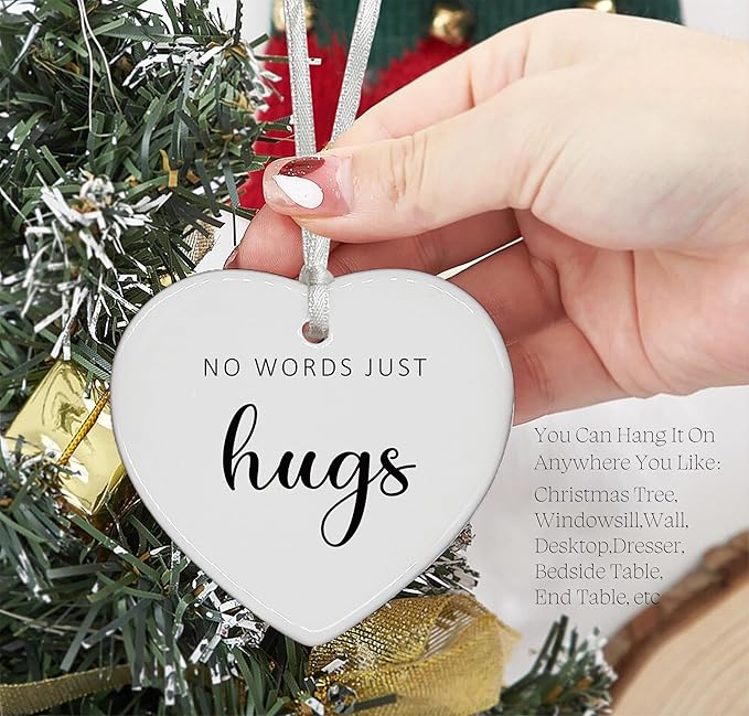Heart Shaped Christmas Ornament-Inspirational Motivational Encouragement Gift-Thinking of You Get Well Soon Recovery Sympathy Present No Words Just Hugs Ceramic Keepsake