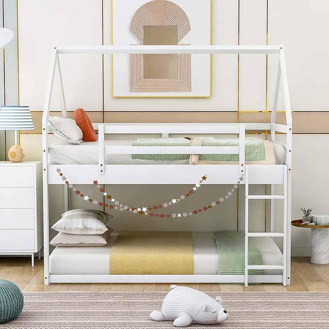 MERITLINE House Shaped Bunk Bed Twin Over Twin Size Wood Bunk Bed Frame Low Bunk Beds for Kids and Toddlers, Twin Size,White