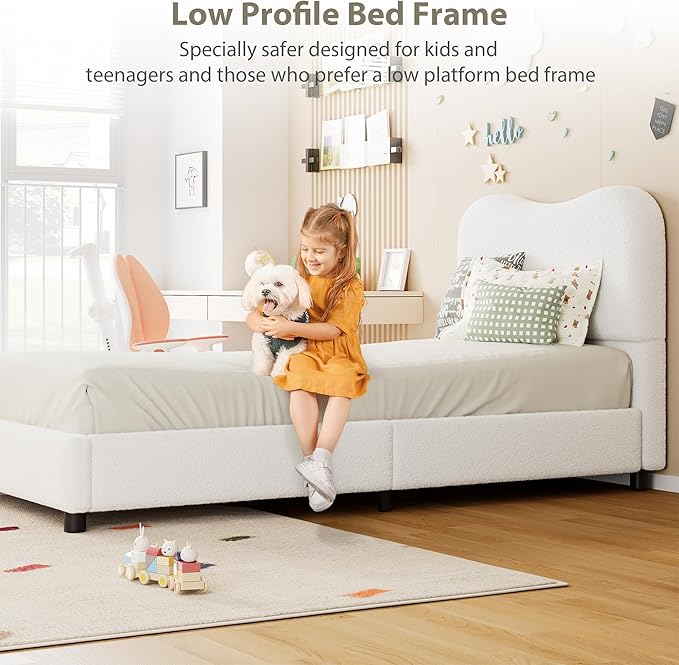 Senfot White Twin Kids Bed Frame with Upholstered Headboard, Low Profile Sturdy Platform Bed with Soft Boucle Fabric for Girls and Boys, Heavy Duty, Wooden Slats, Noise Free, No Box Spring Needed