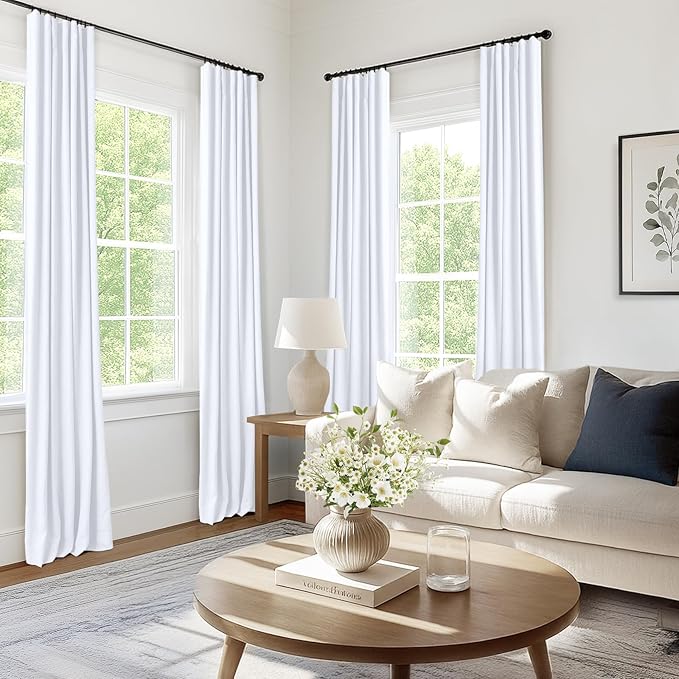 INOVADAY 100% Blackout Curtains for Bedroom, Black Out Curtains 108 Inch Long, Clip Rings Linen Blackout Drapes, Thermal Insulated Room Darkening for Living Room, 2 Panels - Brightwhite,W50xL108