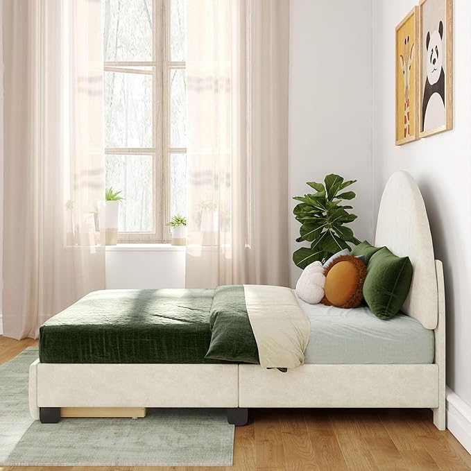 Max & Lily Upholstered Full Bed Frame with Arch Headboard with 1 Drawer End Storage, Upholstered Platform Bed for Kids, No Box Spring Needed, Easy Assembly, Cream