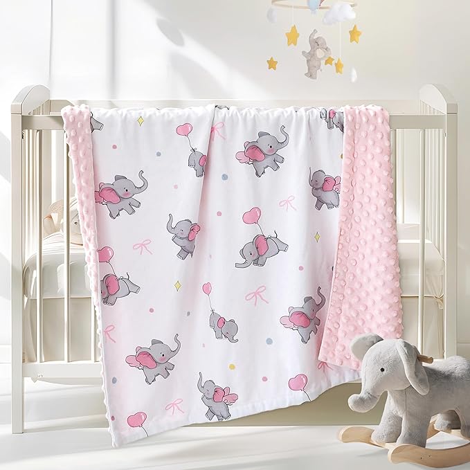 HOMRITAR Super Soft Baby Blanket for Girls, Elephant Print Minky Receiving Blanket for Newborn Nursery, Double Layer Dotted Backing Cozy Bed Throw, Pink, 30x40 Inch