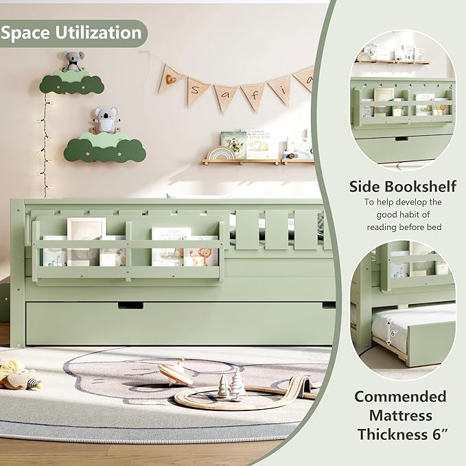 Bellemave Full Bed with Trundle and Stairs, Full Size Platform Bed Frame with Fence and Bookshelf, Easy Assemble Beds for Kids, Girls, Boys, Green