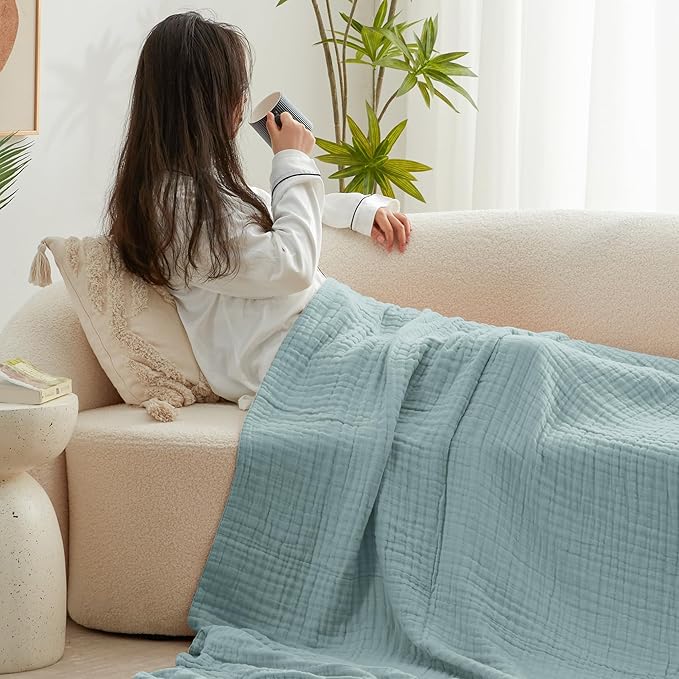Love's cabin 6 Layer 100% Cotton Muslin Blanket, 60"x80" Twin Muslin Blanket for Couch Bed, Lightweight and Breathable Cotton Gauze for Adult, Cyan