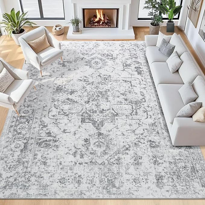Area Rug 6x9, Washable Rug for Living Room, Large Area Rugs for Bedroom, Vintage Rug 6x9 for Dining Room, Non Slip Soft Low Pile Indoor Carpet for Kitchen, Nursery, Office, Farmhouse, Grey