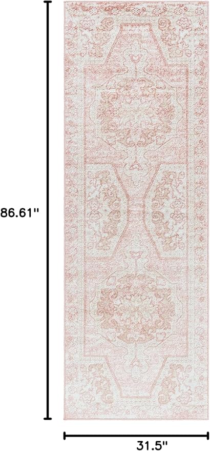 BoutiqueRugs Blush & Light Pink Collection Snead Bohemian Oriental Medallion Runner Rug - Traditional Floral Carpet for Hallway, Kitchen - Blush, Pale Pink, Cream - 2'7" x 7'3" Runner