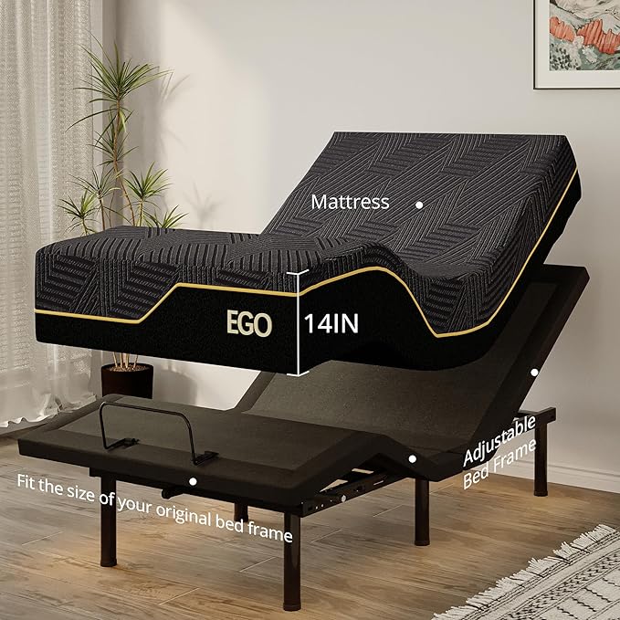 Twin XL Adjustable Bed Frame and 14 inch Memory Foam Mattress, Independent Head and Foot Incline Electric Bed with Massage, Wireless Remote, Zero Gravity, LED Lights, 2 USB Ports, Adjustable 12" Legs