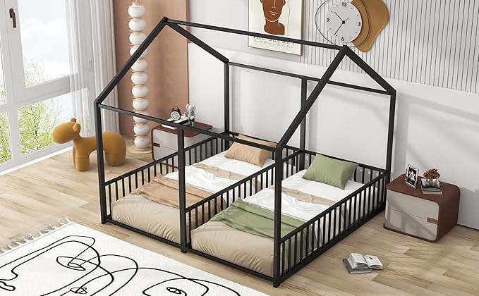 Harper & Bright Designs Metal Twin Size House Platform Bed Frame for Boys Girls Kids Adults Toddler, Two Shared Beds, Black