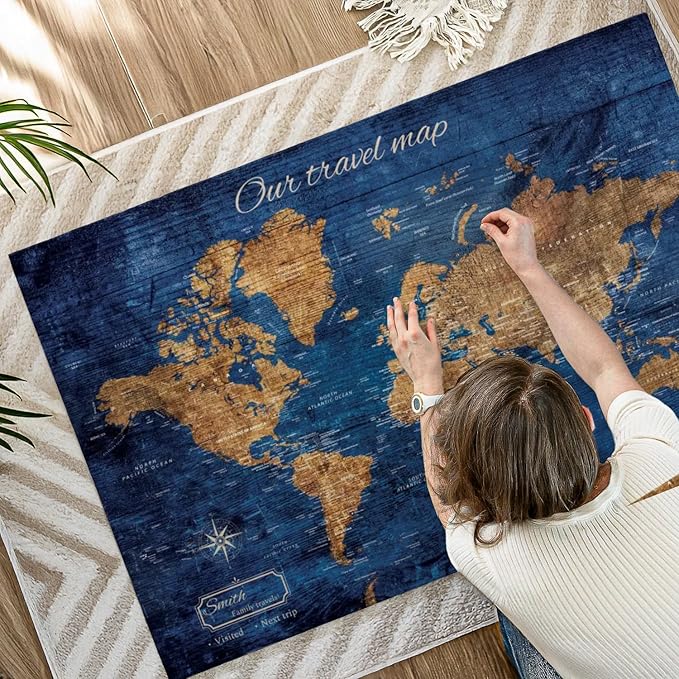 ElephantStock - Personalized Our Travel I Push Pin World Map Wall Art - Horizontal Canvas Wall Art - Living Room Wall Decor - Digital Art Map Canvas Art - Brown And Blue Decor - 51" x 34"