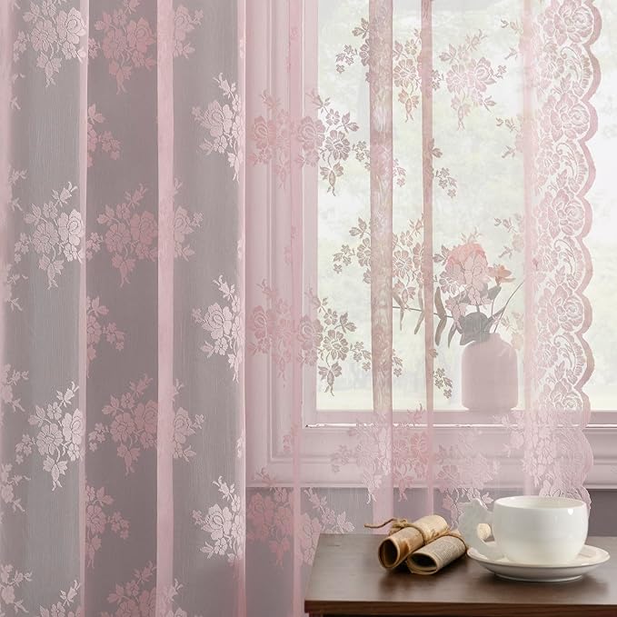 Kotile Pink Lace Curtains 54 Inch Length - Vintage Floral Patterned Sheer Lace Curtains for Girls Room, Scalloped Edge Rod Pocket Privacy Pink Sheer Curtain 2 Panels Set, 52 x 54 Inch