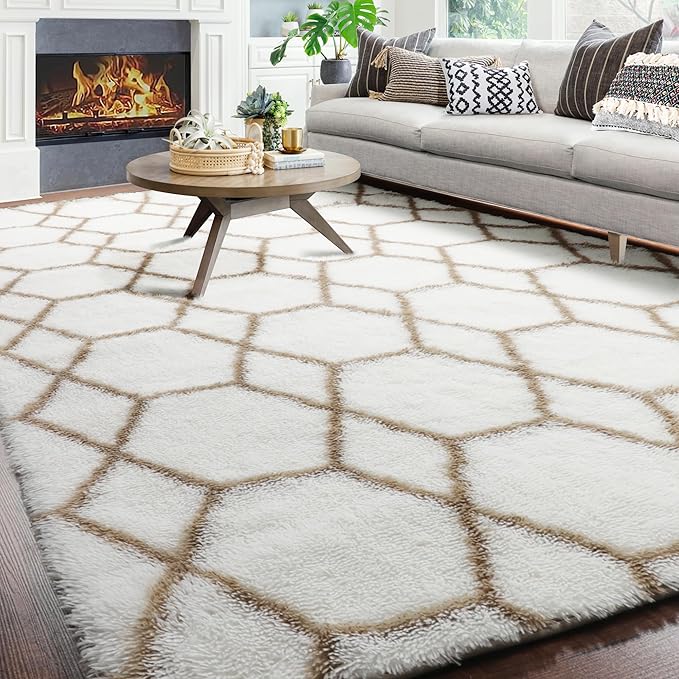 ONASAR 8x10 Area Rugs for Living Room, Fluffy White and Beige Bedroom Rug, Washable Geometric Boho Large Soft Plush Shaggy Fuzzy Floor Carpet for Nursery Kids Classroom Playroom Dorm Home Decor