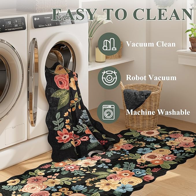 DUKINO 3x5 Area Rug, Floral Non-Slip Indoor Washable Rug with Low Pile & Non-Shedding, Lightwight Boho Design Carpet for Entryway, Bedroom, Kids Room, Living Room, Kitchen, Black